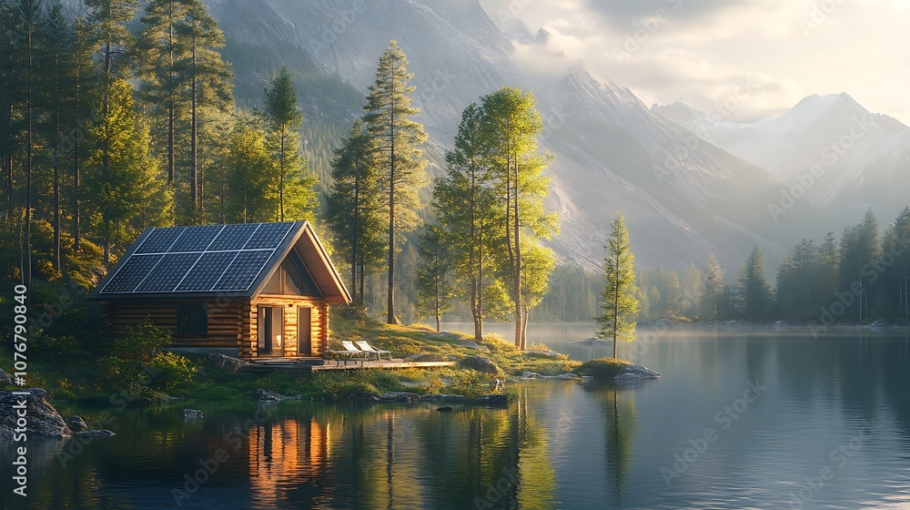Off-grid solar-powered cabin by a serene lake, surrounded by pine trees, solar panels reflecting the sunlight, tranquil and peaceful scene, photorealistic textures, vibrant lighting, Off-grid solar-powered cabin by a serene lake, surrounded by pine trees, solar panels reflecting the sunlight, tranquil and peaceful scene, photorealistic textures, vibrant lighting,