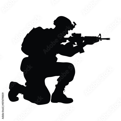 A soldier is crouching down and holding a rifle. He is wearing a backpack. The soldier is in the middle of a white background