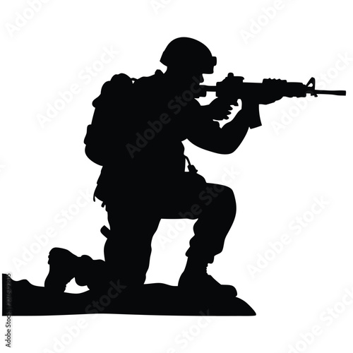 A soldier is crouching down and holding a rifle. He is wearing a backpack. The soldier is in the middle of a white background