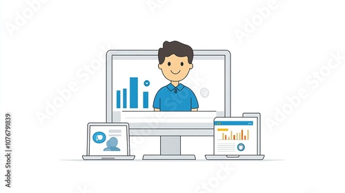 Illustration of a smiling person on a computer with data graphs.