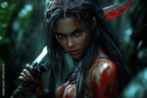 Beautiful girl with long dark hair hunting with a sword in the jungle forest.