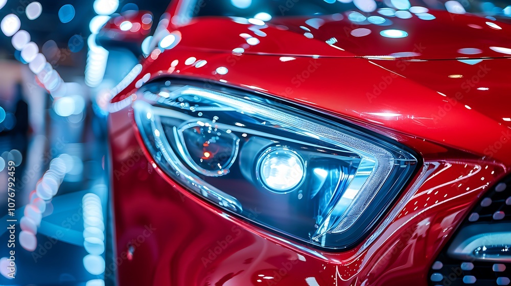 Closeup of the headlight of a modern red car Closeup of the headlight of a modern red car