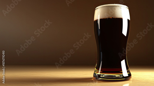 glass of dark beer sits on wooden surface, showcasing its rich color and frothy top. warm background enhances inviting atmosphere of this beverage photo