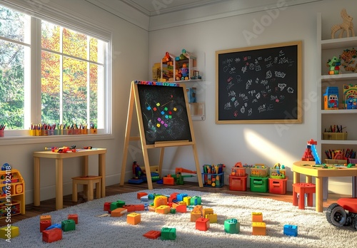 Wallpaper Mural A white room with toys scattered on the floor, colorful wooden blocks and building toys in front of an easel, chalkboard, children's playroom, white walls, light wood shelf with books Torontodigital.ca