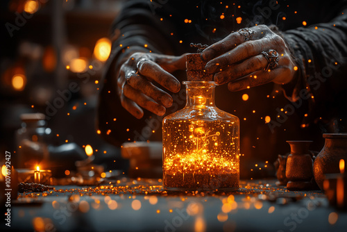 Alchemist table concept background. Wizard brew a magi potion close up background. photo