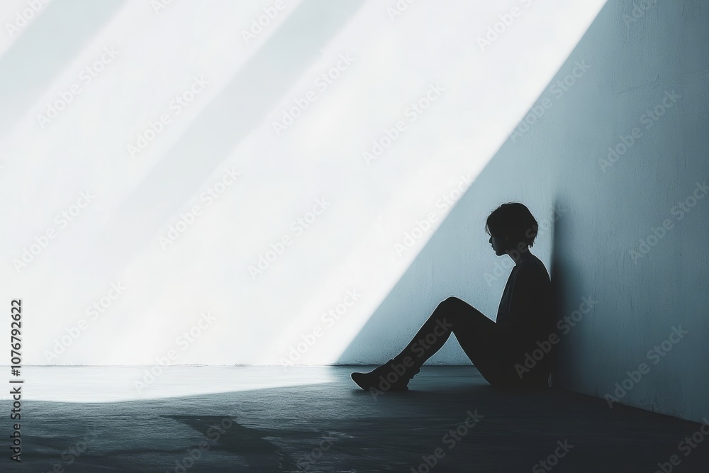 Silhouette of a Person Sitting Alone in a Minimalist Space with Dramatic Light and Shadow Play Silhouette of a Person Sitting Alone in a Minimalist Space with Dramatic Light and Shadow Play