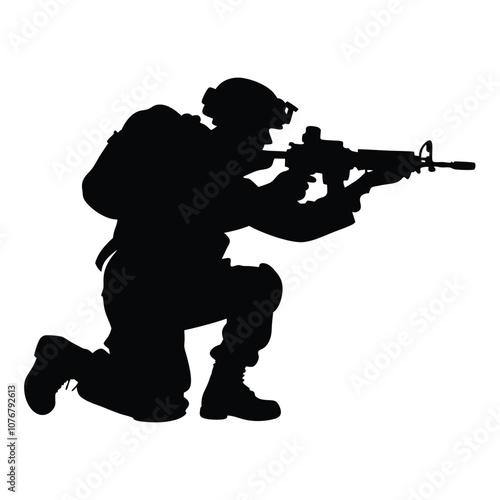 A soldier is crouching down and holding a rifle. He is wearing a backpack. The soldier is in the middle of a white background