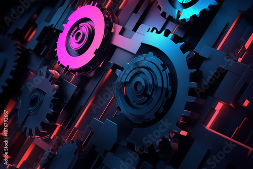 Mechanism of gears and cogwheels in the neon lights asbtarct background. photo