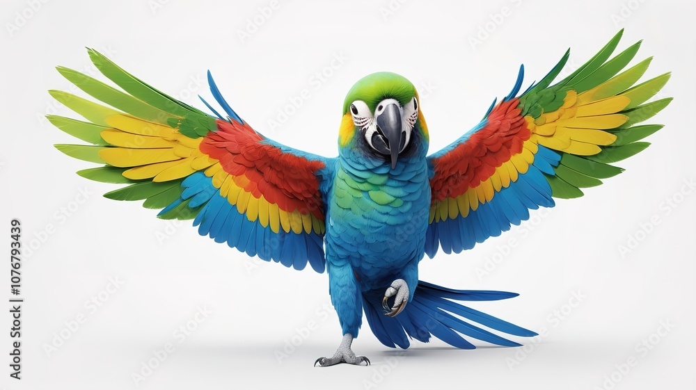 Obraz premium Smiling parrot cartoon, bright wings on a clean white background.