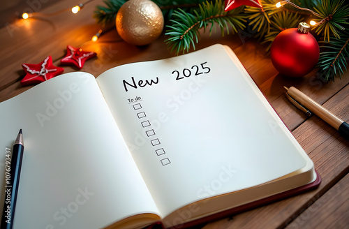 2025 goals list concept. Notebook and decoration on table. Goals, resolutions, plan, action, checklist concept. New Year 2025 template, copy space