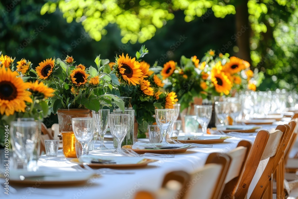A long table elegantly adorned with glasses, plates, and vibrant floral arrangements A long table elegantly adorned with glasses, plates, and vibrant floral arrangements