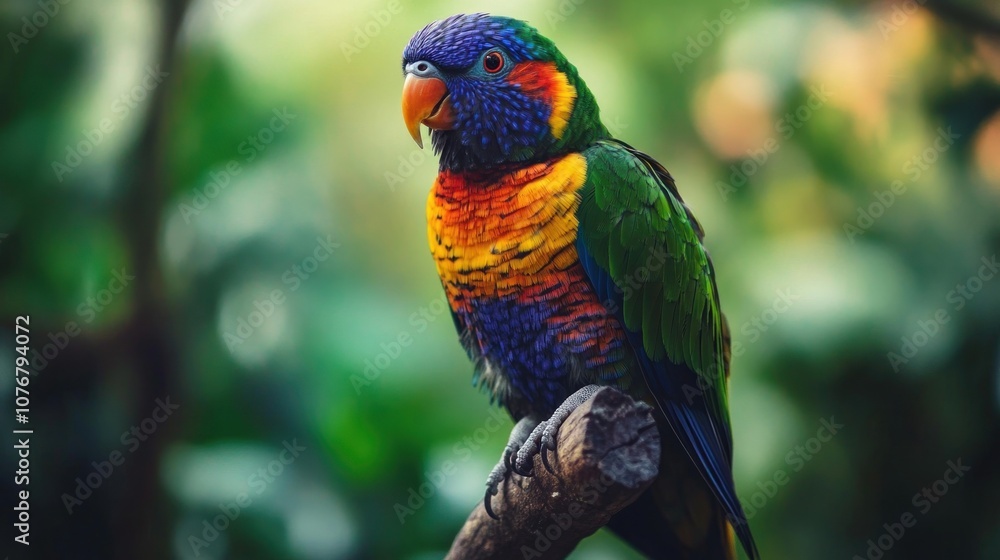 Naklejka premium Vibrant Rainbow Lorikeet Perched on a Tree Branch in Lush Jungle