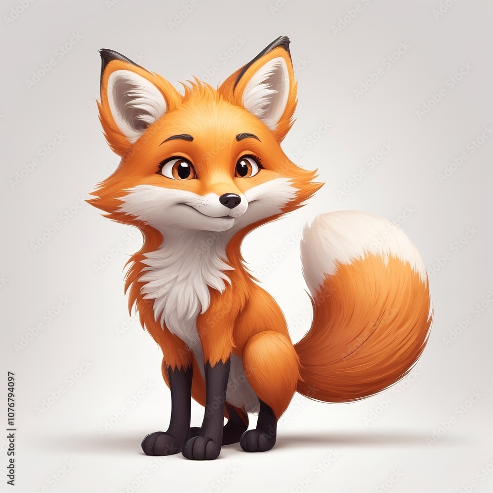 Obraz premium Cute cartoon fox with fluffy tail, isolated backdrop. 