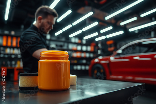 Car wax polish jar on a workbench on a car auto service background. photo