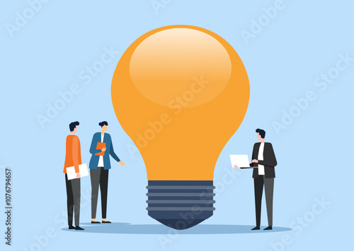 business team working meeting brainstorming and  creative ideas for business planning concepts. flat vector illustration. group people stand talking with light bulb