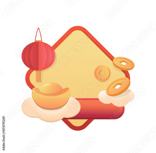 Chinese Lantern Festival template or border, red lantern with gold coins and auspicious clouds with coins