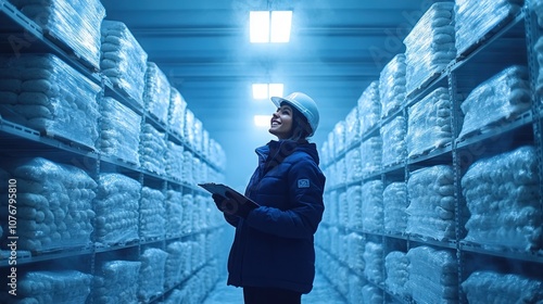 Female worker in a cold storage warehouse, checking inventory.