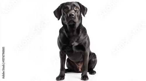 Black labrador dog sitting and looking up on white background