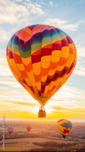 Hot air balloons ascend into the evening sky, showcasing their vibrant colors as the sun sets over the horizon photo