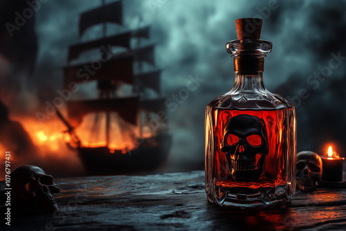 A bottle of rum with a human skull on a old wooden table on pirate ship at sea background.