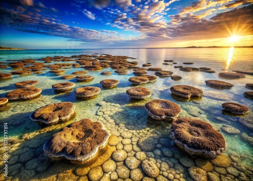 Discover the Ancient Beauty of Hamelin Pool Stromatolites: The Oldest Living Microorganisms and Fossils Captured with a Bokeh Effect for Stunning Visual Appeal