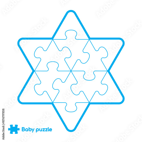 Vector template blue outline of a star composed of puzzle pieces on a white background.