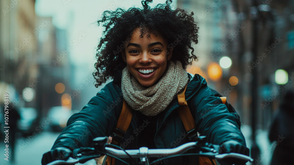 Young woman joyfully cycling through a bustling urban street during a chilly afternoon Young woman joyfully cycling through a bustling urban street during a chilly afternoon