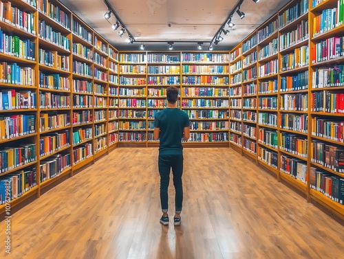 Expat browsing a bookstore, shelves filled with international and local books, quiet ambiance