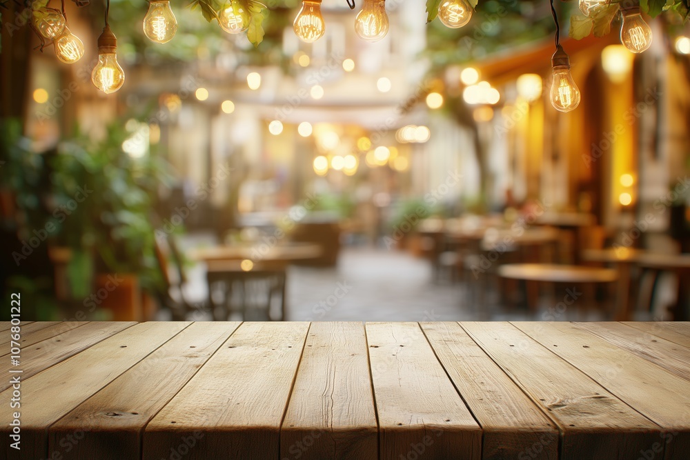 Outdoor wooden tabletop with string lights and blurred restaurant background Outdoor wooden tabletop with string lights and blurred restaurant background