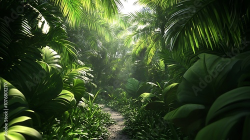 3D green foliage interspersed with large tropical leaves, emphasizing lush, healthy vegetation photo