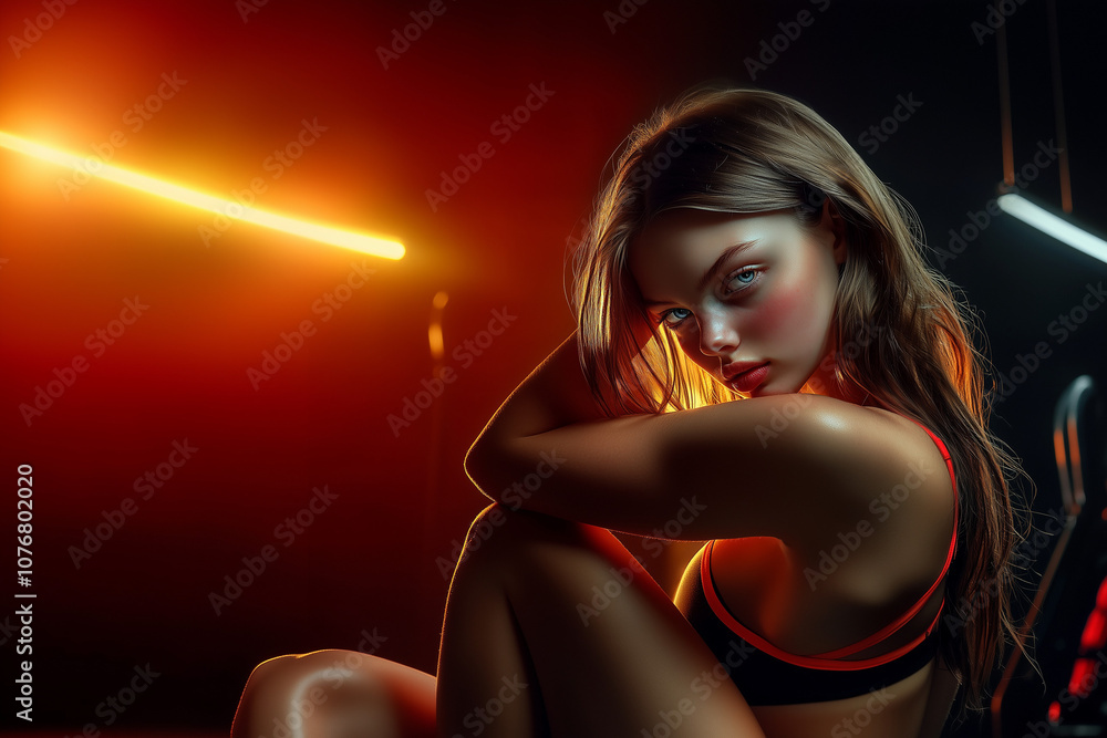 Naklejka premium An athletic girl athlete is illuminated by neon lights background with copy space.