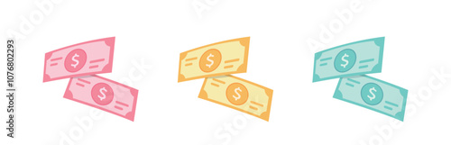 Set of banknotes cash in different colors, vector flat illustration or icon, pink yellow blue