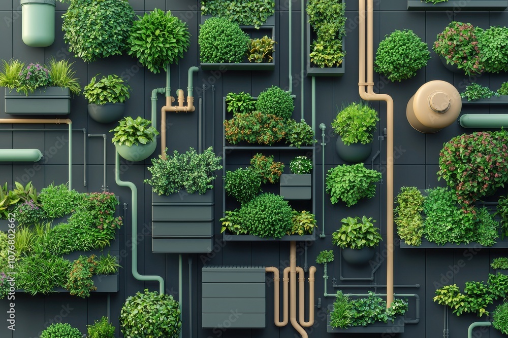 Fototapeta premium A vibrant green living wall design featuring various plants arranged in geometric planters and connected by pipes.