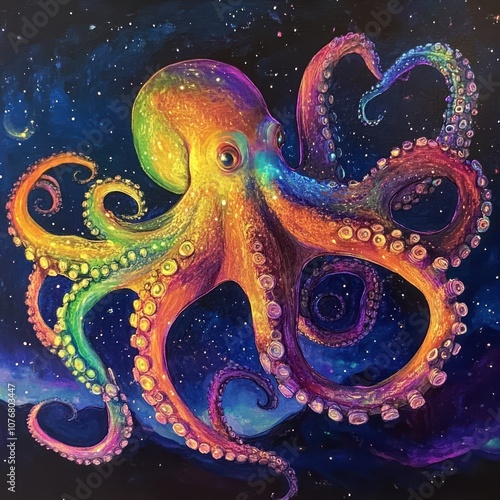 A colorful octopus with a galaxy background. photo