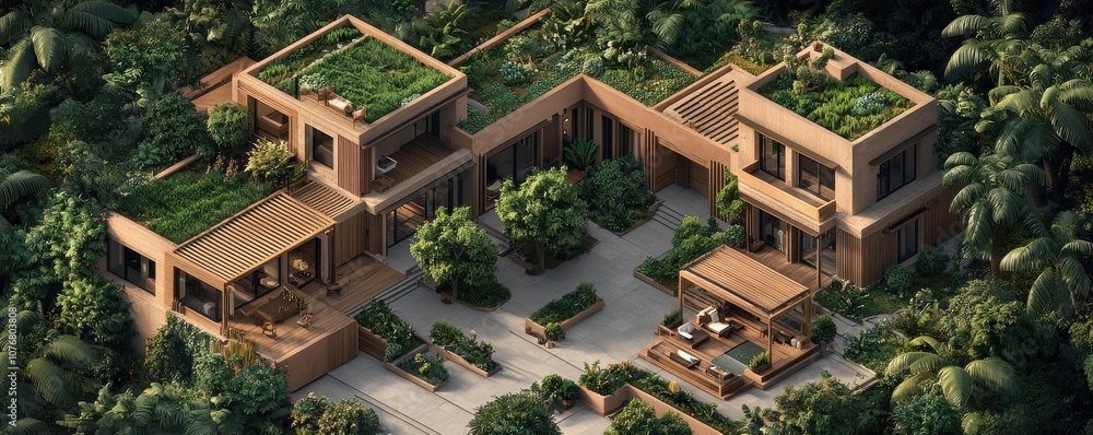 Fototapeta premium A modern, eco-friendly home surrounded by lush greenery, featuring rooftop gardens and a serene outdoor space for relaxation.