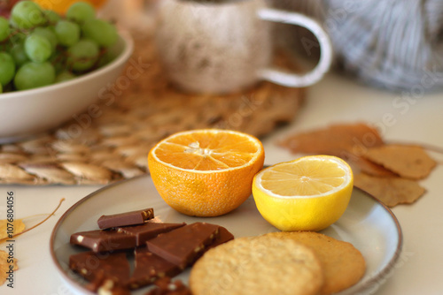 Wallpaper Mural Pumpkins, various food and drinks, fall decorations, books and candles on the table. Fall hygge at home. Selective focus. Torontodigital.ca
