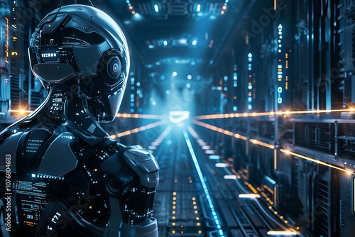 Futuristic Robot in a High-Tech Data Center with Neon Lights and Advanced Technology