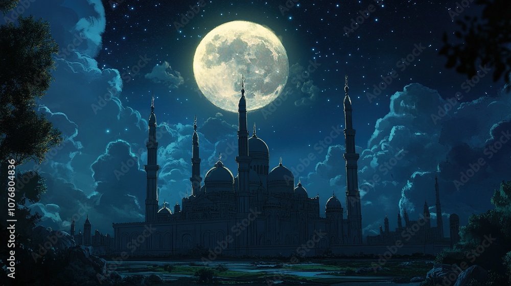 Naklejka premium Nighttime view of a grand mosque under a full moon.