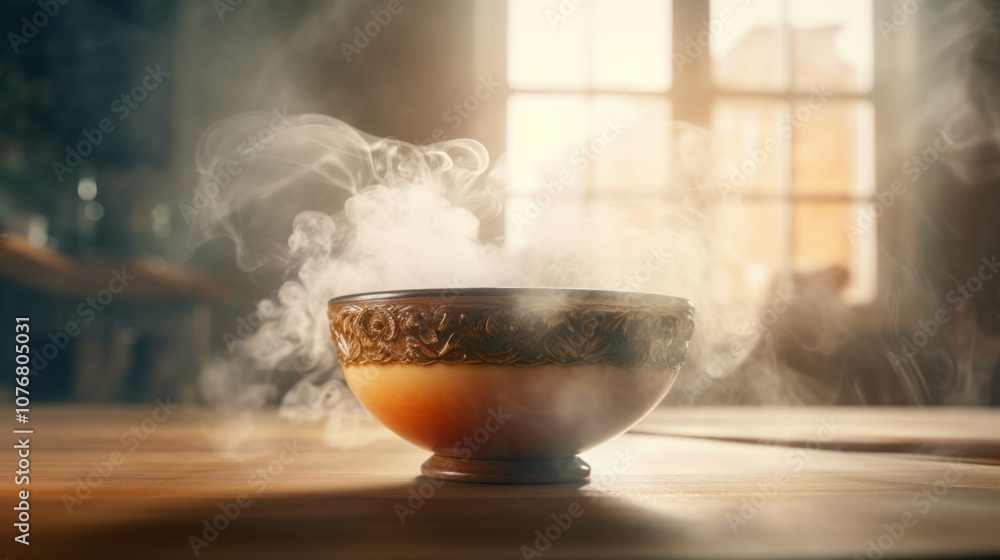 Steaming Bowl on Wooden Table Steaming Bowl on Wooden Table