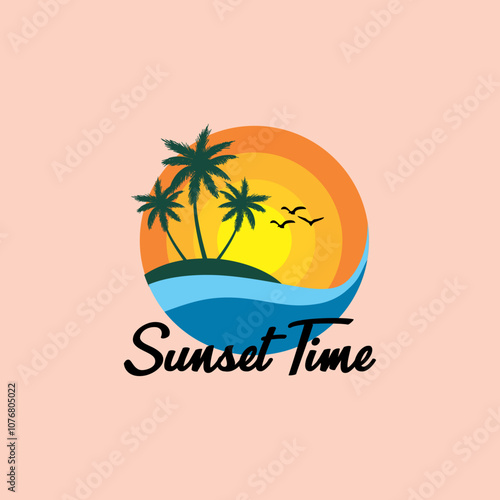 Wallpaper Mural sunset time vector art illustration design logo symbol sign of ocean island and coconut tree to describe tropical sunset Torontodigital.ca