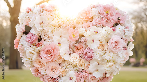 A stunning heart-shaped bouquet filled with pink roses, white orchids, and light blooms glows under warm sunlight