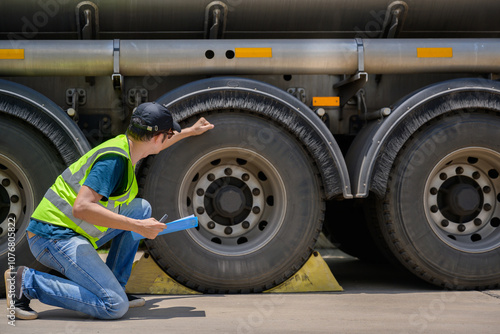 Wallpaper Mural A safety inspector inspects the tires of a big fuel tanker while wearing a reflective vest. He maintains adherence to transportation safety regulations while holding a clipboard. Torontodigital.ca