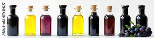 Wallpaper Mural Assorted bottles of colored oils and vinegars displayed with fresh grapes on a clean white background. Generative AI Torontodigital.ca