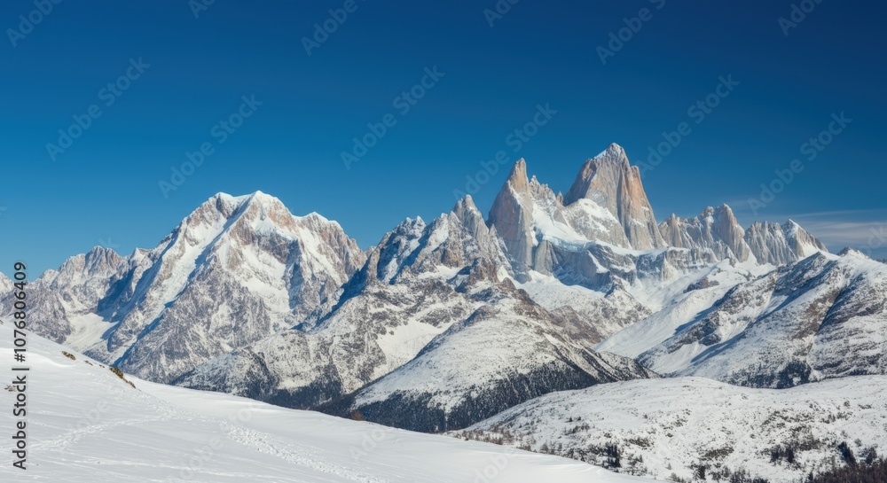 Snow capped mountains with bright blue skies Snow capped mountains with bright blue skies