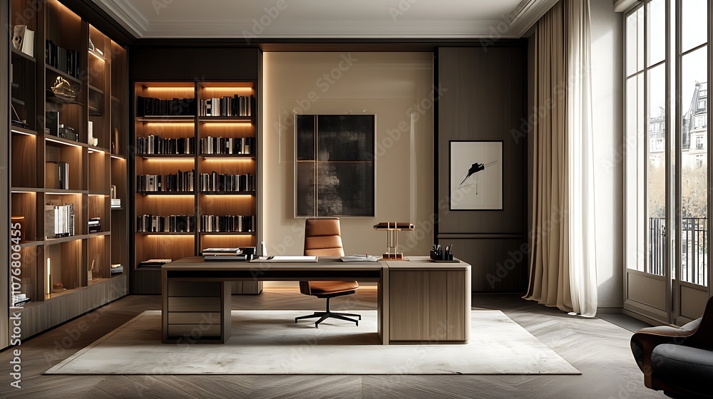 Contemporary workspace with a clean desk and aesthetically arranged bookshelf, bright natural light, clutter-free look, organized and professional layout, sleek and modern feel. --ar 16:9 Contemporary workspace with a clean desk and aesthetically arranged bookshelf, bright natural light, clutter-free look, organized and professional layout, sleek and modern feel. --ar 16:9