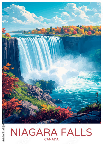 Niagara Falls Poster Illustration Travel Print Decor Gift Paper Canvas Wall Retro Art