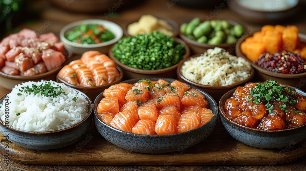 A vibrant assortment of fresh seafood and side dishes on display. A vibrant assortment of fresh seafood and side dishes on display.