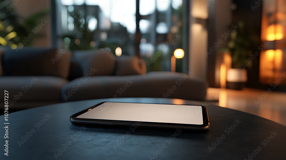 Phone mockup on a coffee table, blank screen in focus, with a blurred living room in the background Phone mockup on a coffee table, blank screen in focus, with a blurred living room in the background