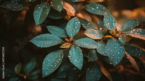 Close-Up of Dew-Covered Leaves in Morning Light