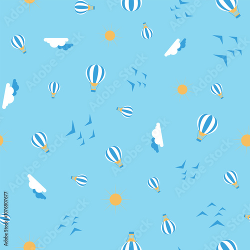 A Whimsical Sky Pattern Featuring Colorful Hot Air Balloons and Fluffy White Clouds